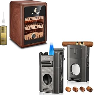 XIFEI Desktop Cigar Humidor Cabinet Holds 100-150 Cigars & XIFEI 6-in-1 Desktop Cigar Torch Lighter